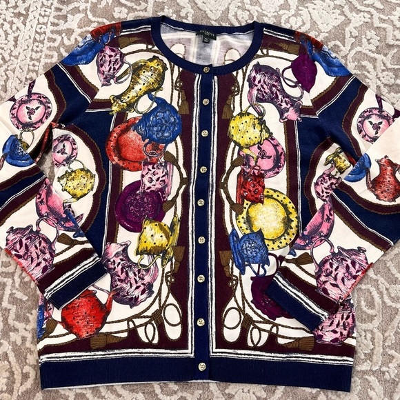 Talbots Petites Tea Party Print Classic Cardigan Sweater - Picture 7 of 16
